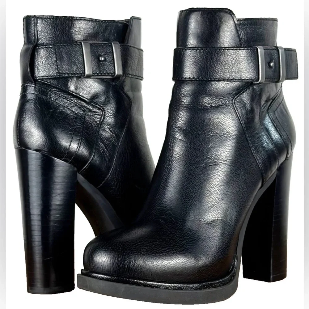 Nine West Sherbert Boots Women 5 Black Leather Moto Buckle Ankle Heeled Bootie